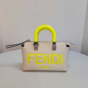 Fendi x Marc Jacobs Peekaboo Top Handle Bag in Cream Leather with Neon Yellow HW